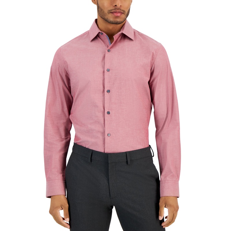 Bar Iii Mens Slim fit Long Sleeve Button-Up Shirt Small Red Solid