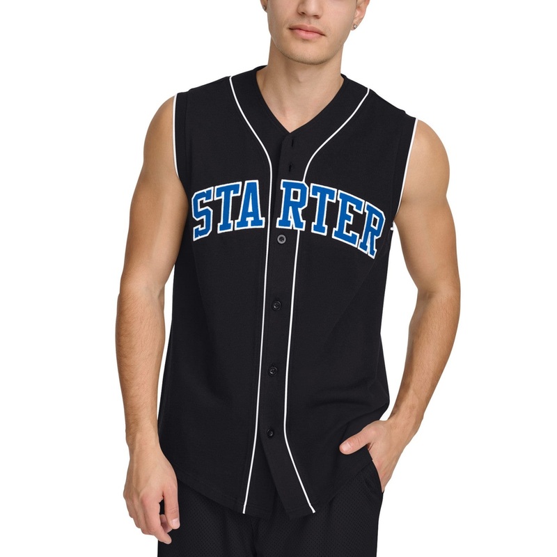 Starter Men Regular fit Sleeveless Button-Up Shirt Large Black