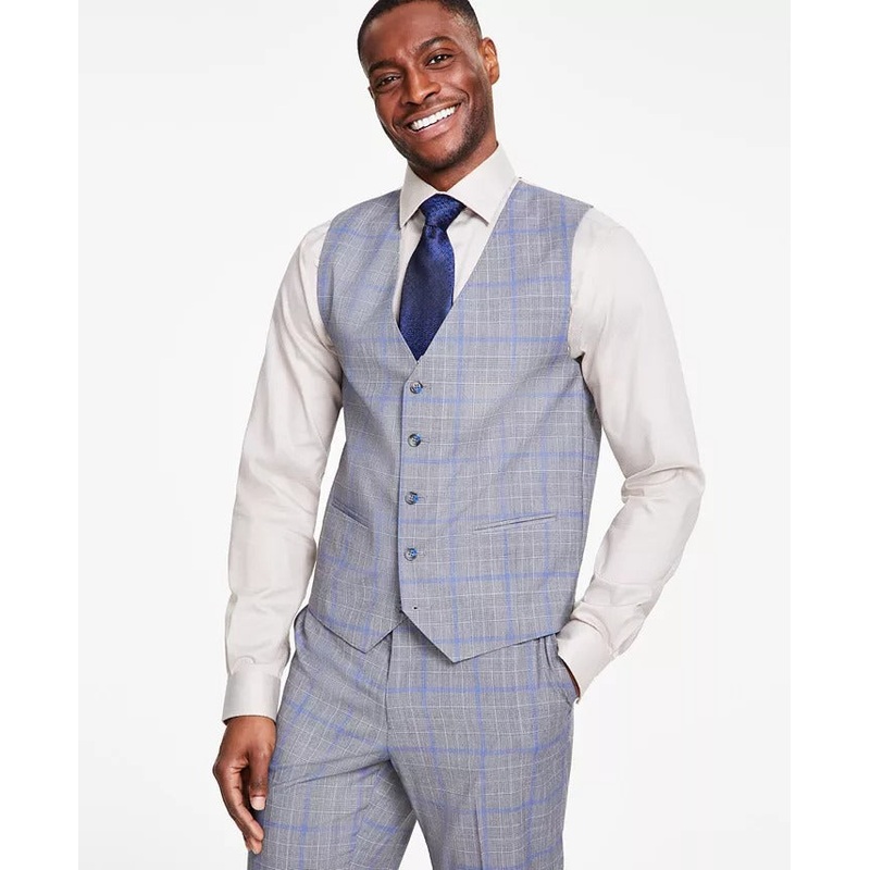 Tayion Collection Mens Slim fit Button-Up Suit Vest Large Grey / Blue