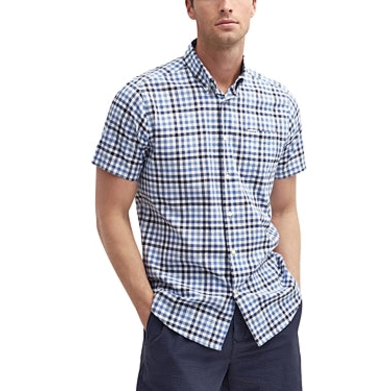 Barbour Men Slim fit Short Sleeve Button-Up Shirt XXL Blue Check