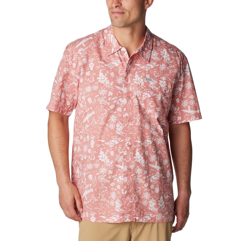 Columbia Men Regular fit Short Sleeve Button-Up Shirt Large RED