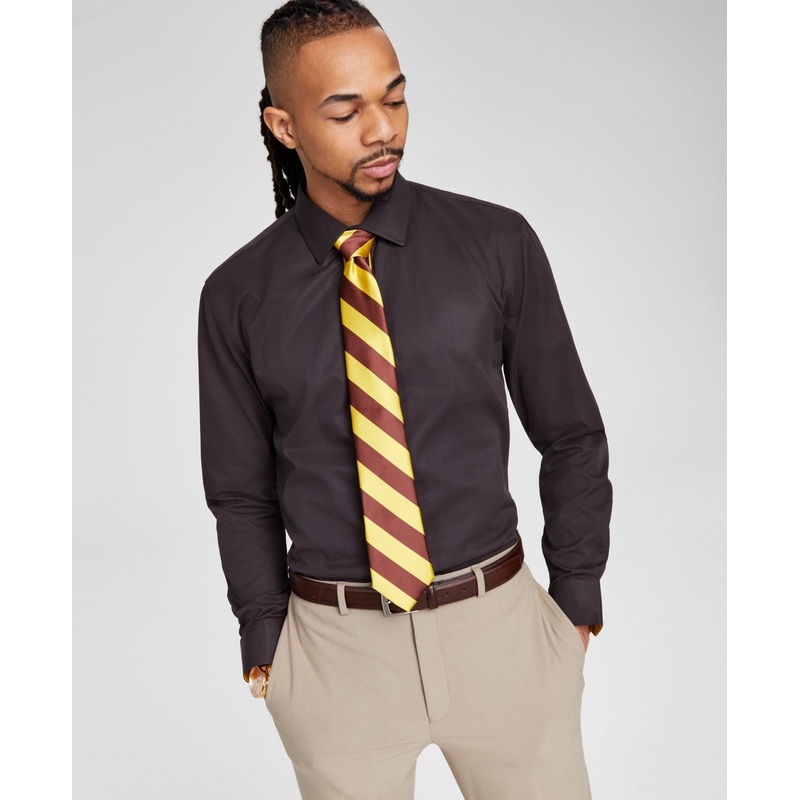 Tayion Collection Men Slim fit Long Sleeve Button-Up Shirt XL Brown Solid