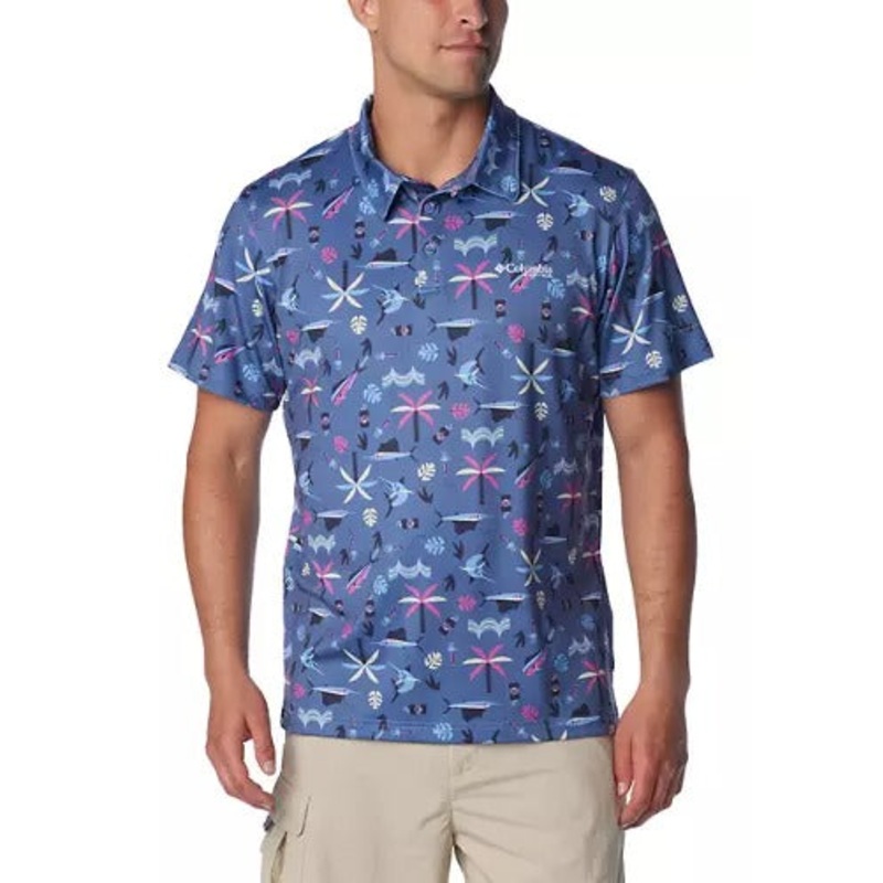Columbia Men Regular fit Short Sleeve Polo Shirt XL Blue Floral Fishing