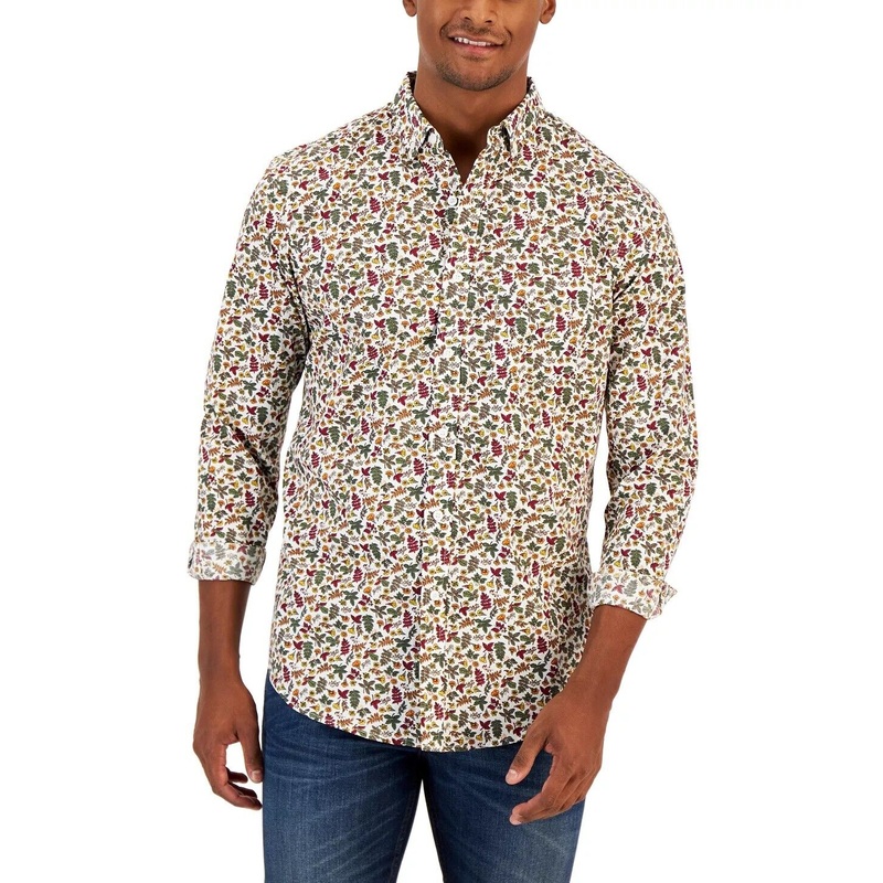 Club Room Mens Autumnal Foliage Classic Button Down Shirt Karanda Red Large
