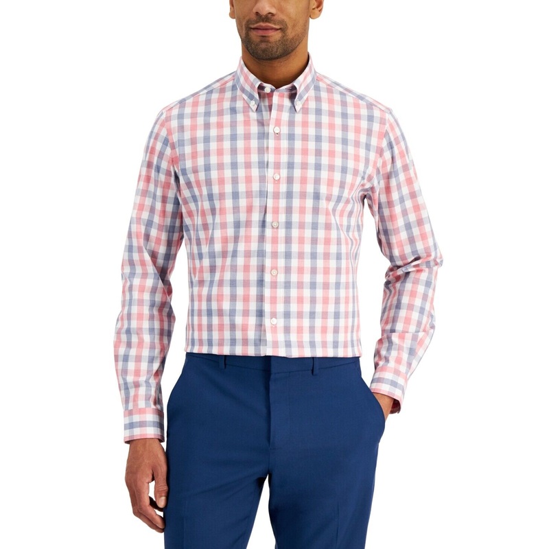 Club Room Mens Gingham Button Down Dress Shirt Red Navy XXL