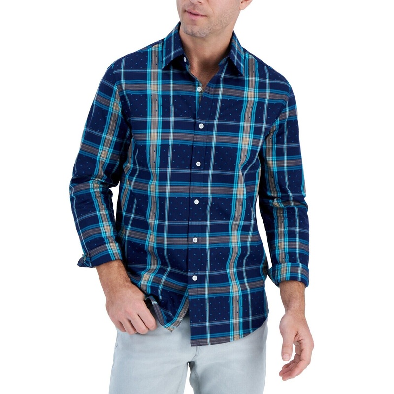 Club Room Mens Long Sleeve Button Down Shirt Armin Plaid Navy Blue 2XL