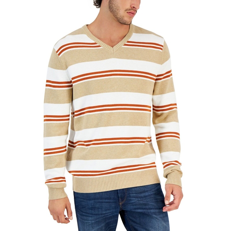 Club Room Mens Striped V-Neck Sweater Winter Ivory 3XL