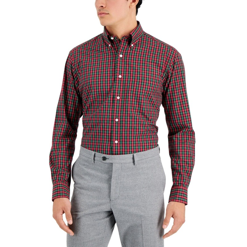 Club Room Mens Tumaco Plaid Button Down Dress Shirt Red Green 17.5/34-35