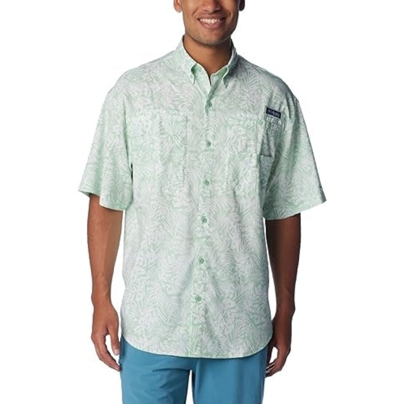 Columbia Men Regular fit Short Sleeve Button-Up Shirt Large Green Floral