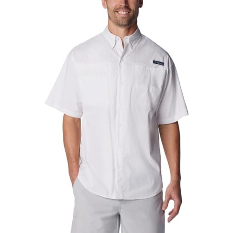 Columbia Men Regular fit Short Sleeve Button-Up Shirt Medium White Plaid