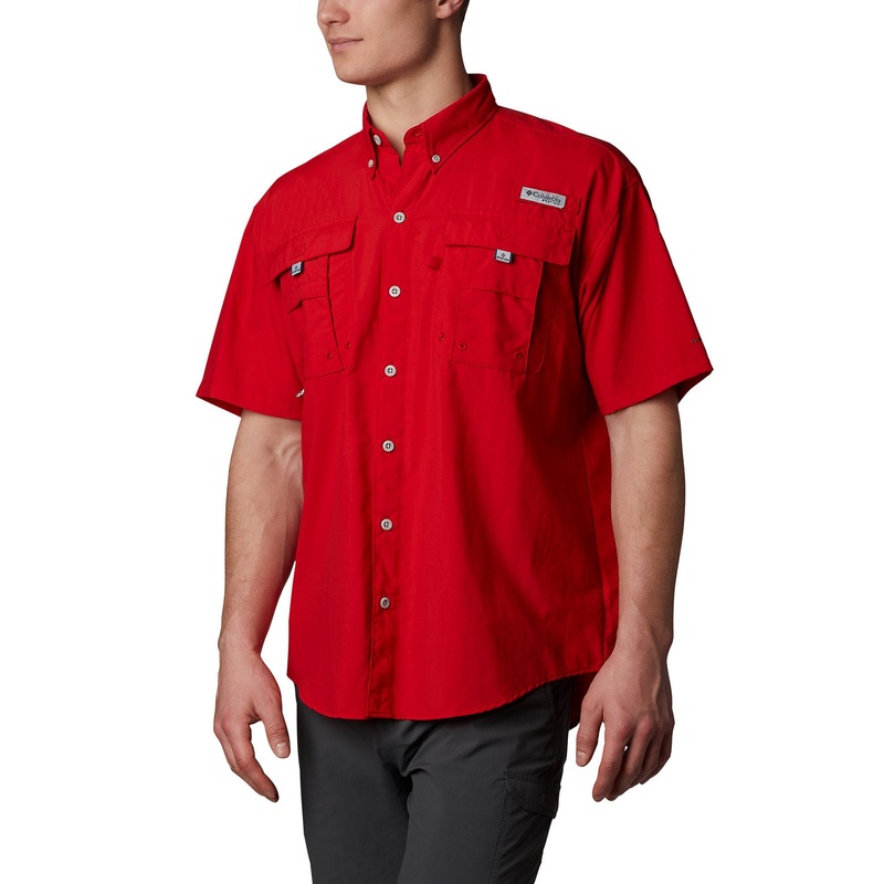 Columbia Men Regular fit Short Sleeve Button-Up Shirt Small Red Solid