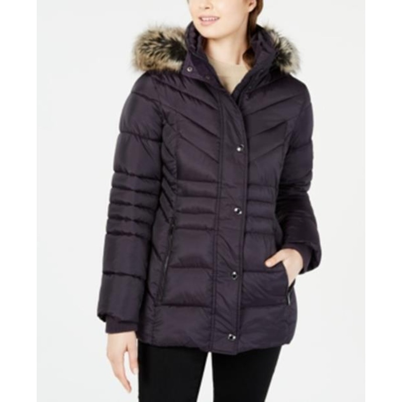 LONDON FOG Womens Hooded Faux-Fur-Trim Puffer Coat Large Blackberry