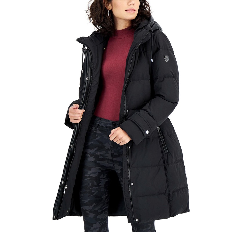 Vince Camuto Women's Hooded Faux-Leather-Trim Down Puffer Coat Black XS