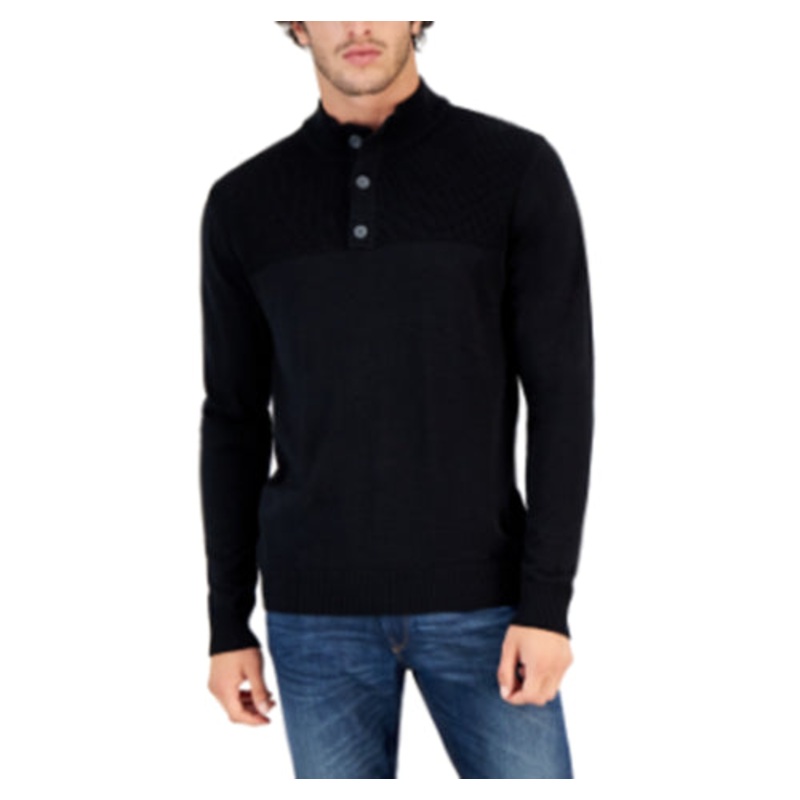 Club Room Men's Waffle Mock Neck Henley Sweater Deep Black Large