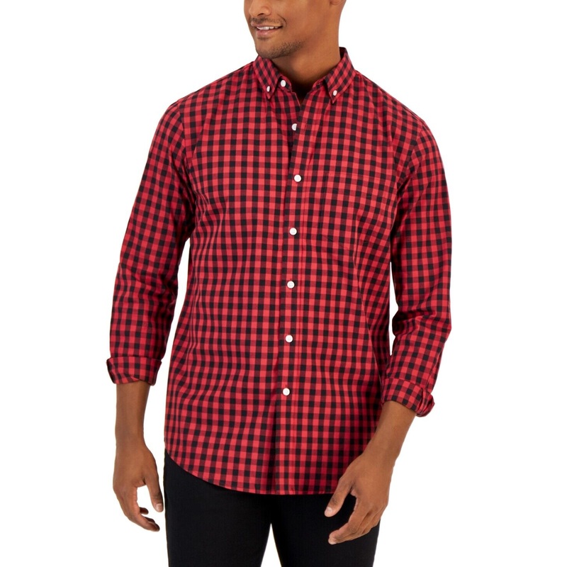 Club Room Mens Grant Button Down Shirt Classic-Fit Check Karanda Red 2XL