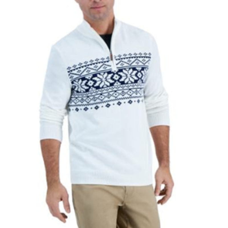 Club Room Mens Quarter Zip Cotton Fair Isle Sweater White Blue 2XL
