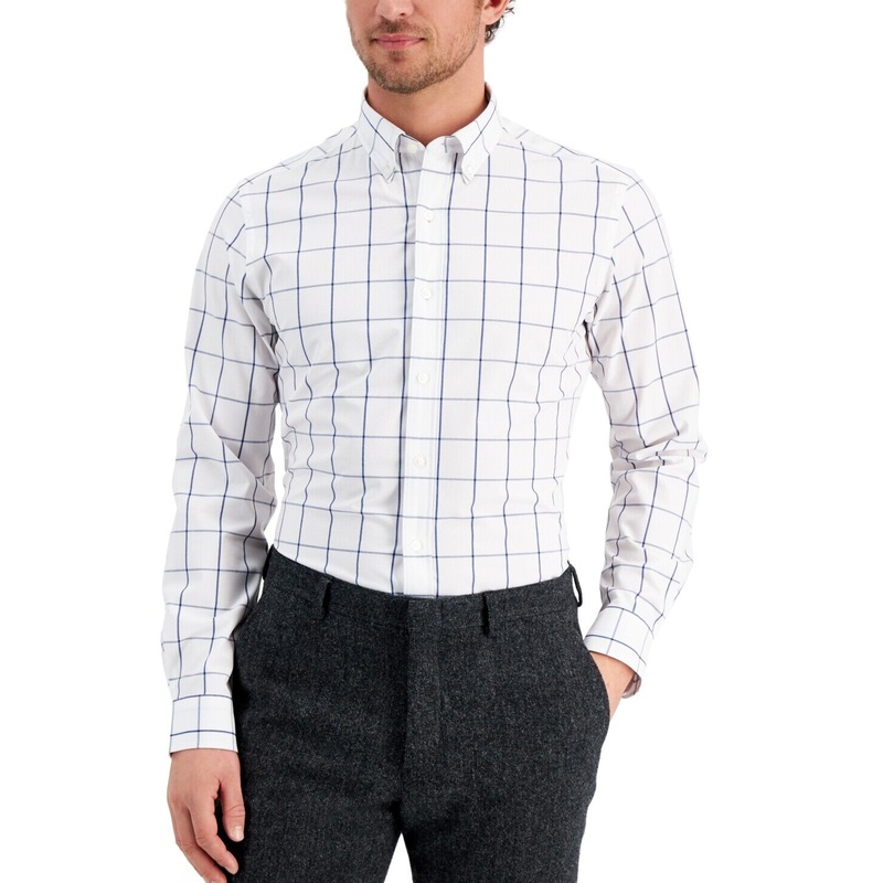 Club Room Mens Windowpane Button Down Dress Shirt Navy White Large