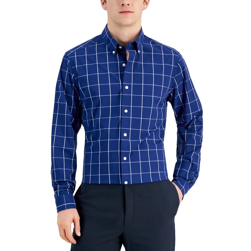 Club Room Mens Windowpane Button Down Dress Shirt Navy White Small