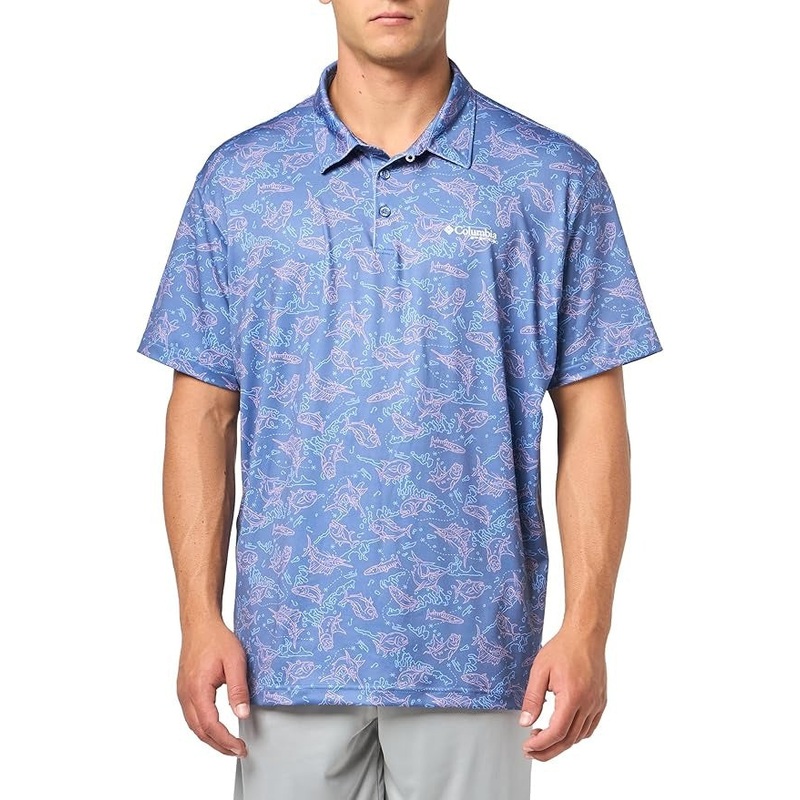 Columbia Men's Printed Short Sleeve Performance Polo Shirt Large Blue