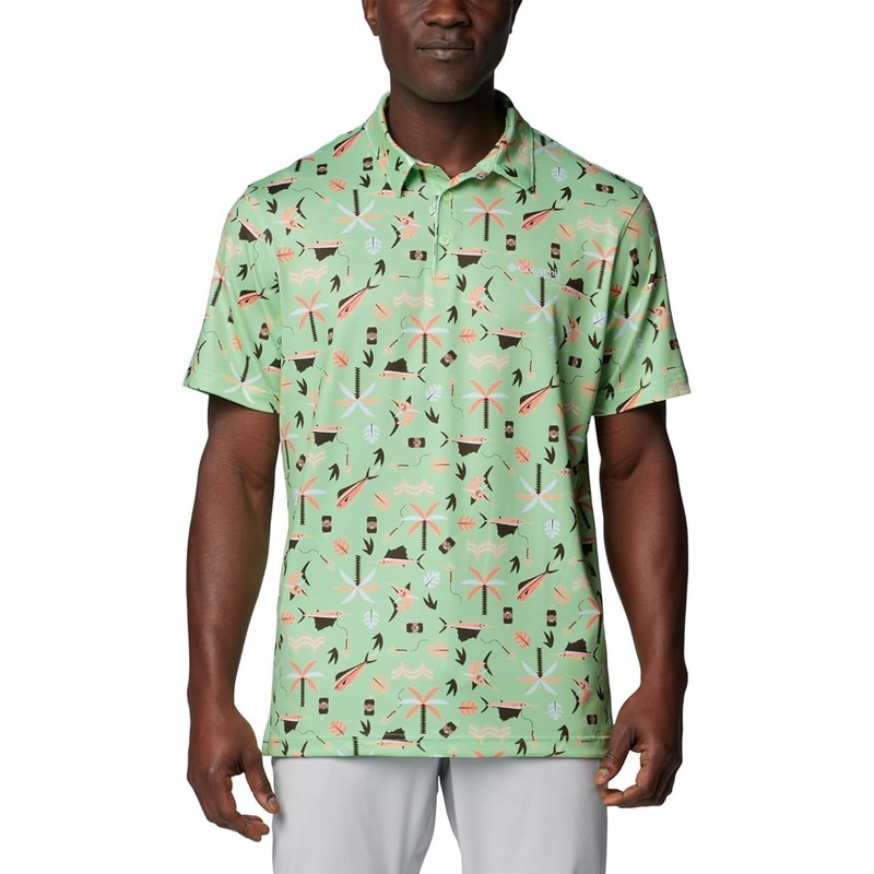 Columbia Men's Printed Short Sleeve Performance Polo Shirt Large Green Swordfish