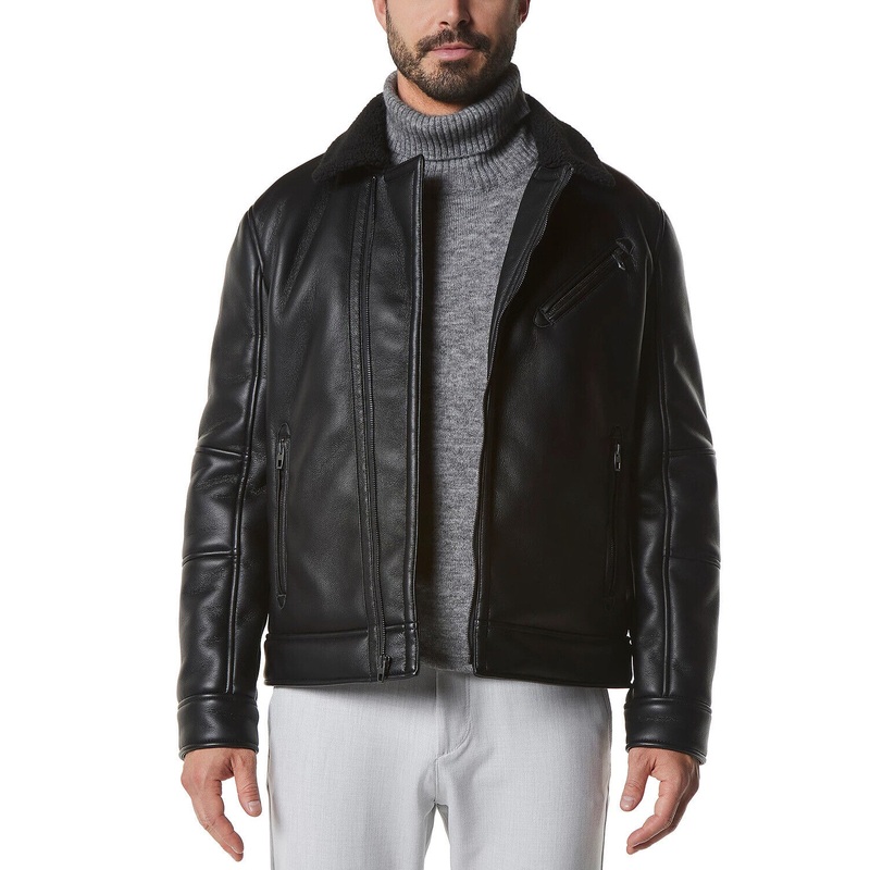 Marc New York Men's Asymmetrical Moto Jacket Faux-Shearling Collar Black Large