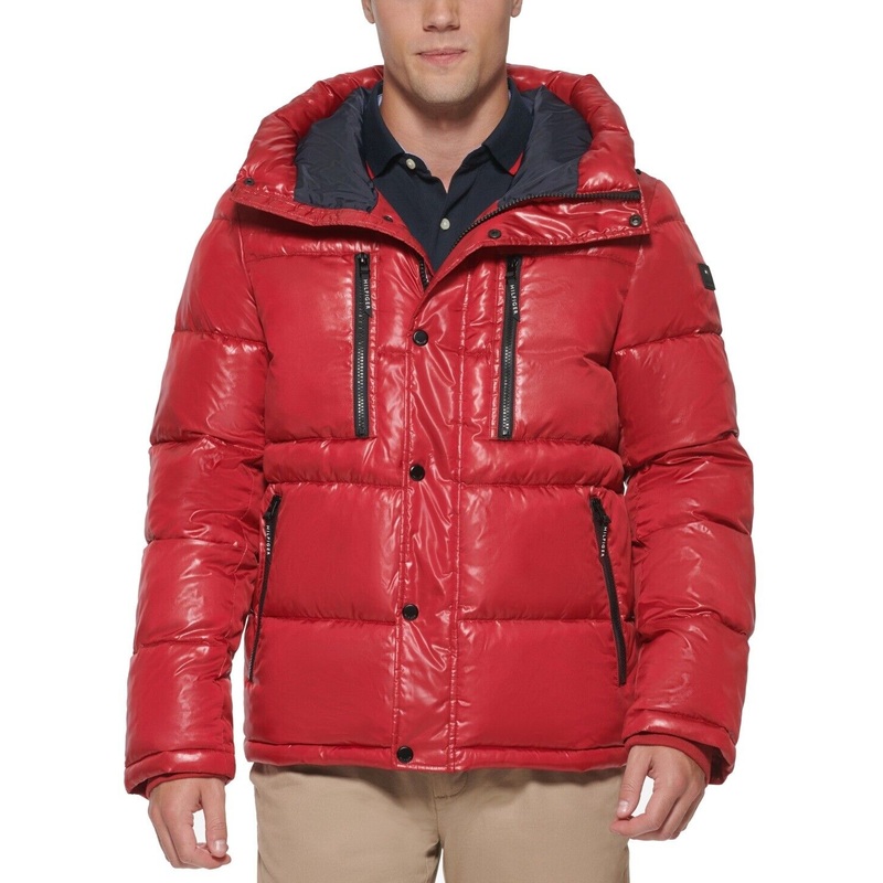TOMMY HILFIGER Men's Nylon Quilted Hooded Puffer Jacket XL Red