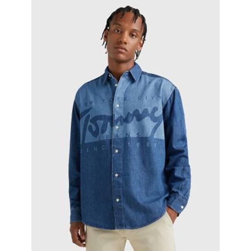 Tommy Hilfiger Tommy Jeans Mens Lasered Wide Denim Button Down Shirt Medium