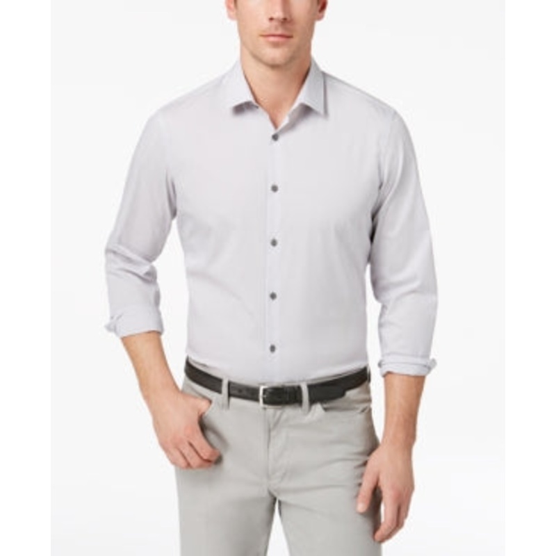 Alfani Men Regular fit Long Sleeve Button-Up Shirt XXL Grey Striped