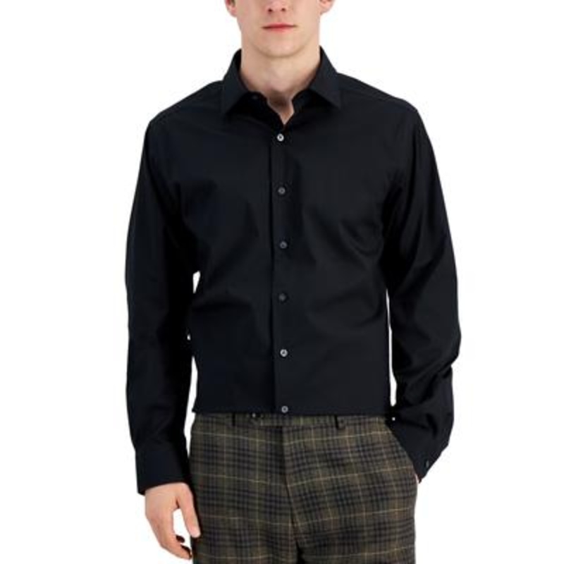 Alfani Men Slim fit Long Sleeve Button-Up Shirt 16-16 1/2 32-33 Black Solid