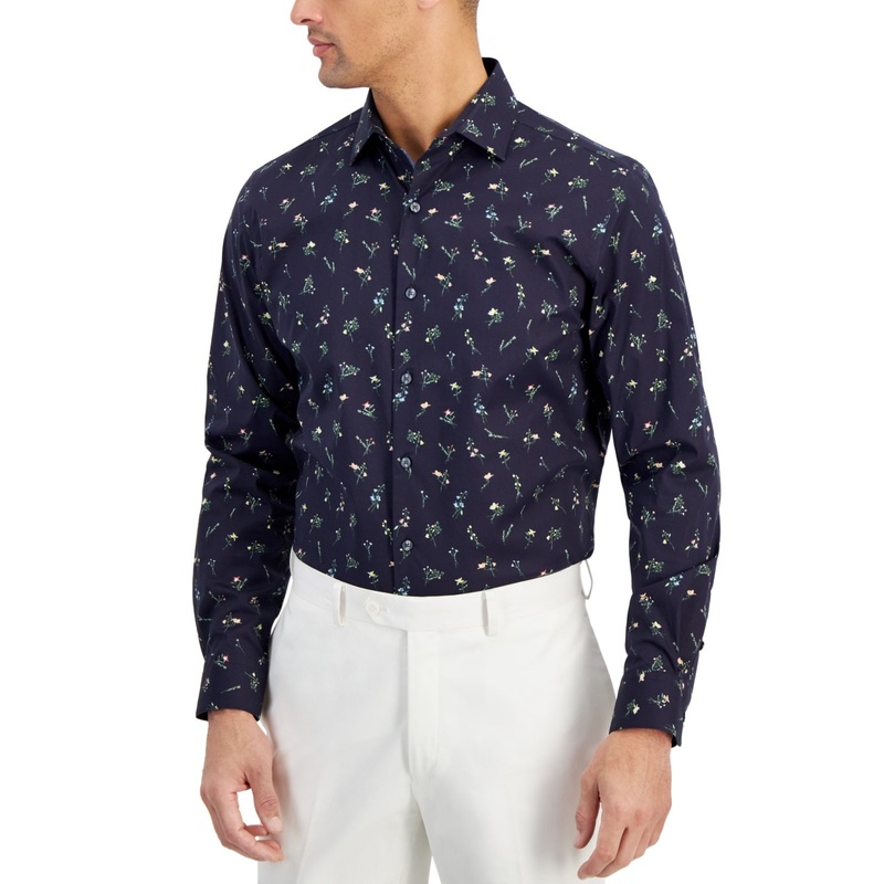 Bar III Men Slim fit Long Sleeve Button-Up Shirt Small Blue Floral