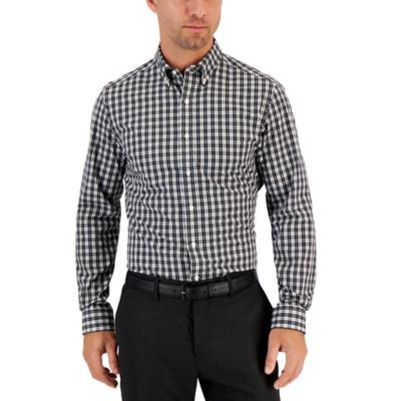 Club Room Men Slim fit Long Sleeve Button-Up Shirt Medium Black Plaid