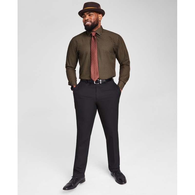 Tayion Collection Men Slim fit Long Sleeve Button-Up Shirt 16 34-35 Brown Check