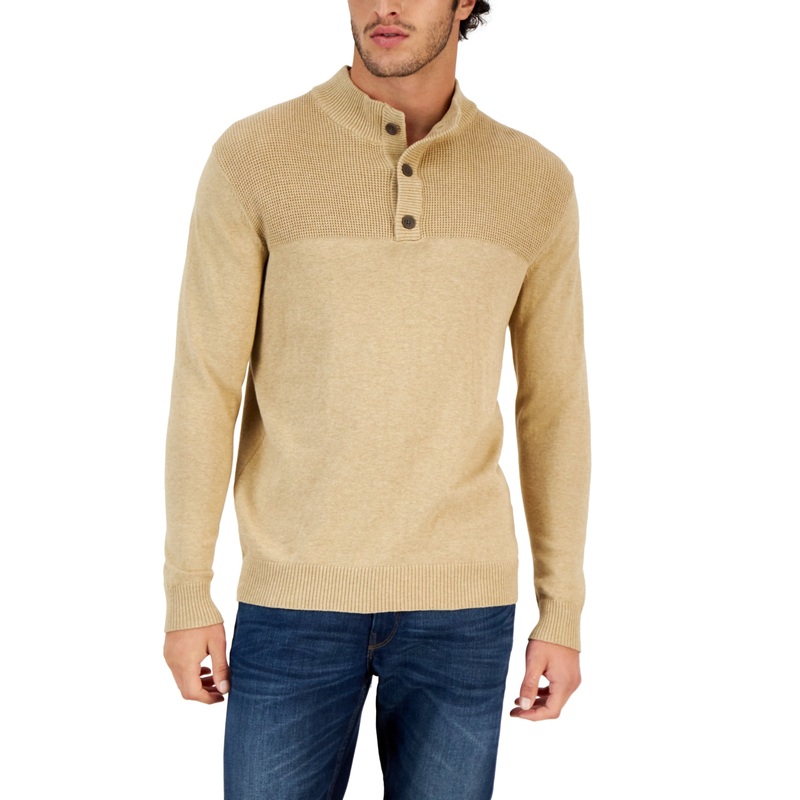 Club Room Men's Button Mock Neck Sweater  Toast Heather Beige 2XL