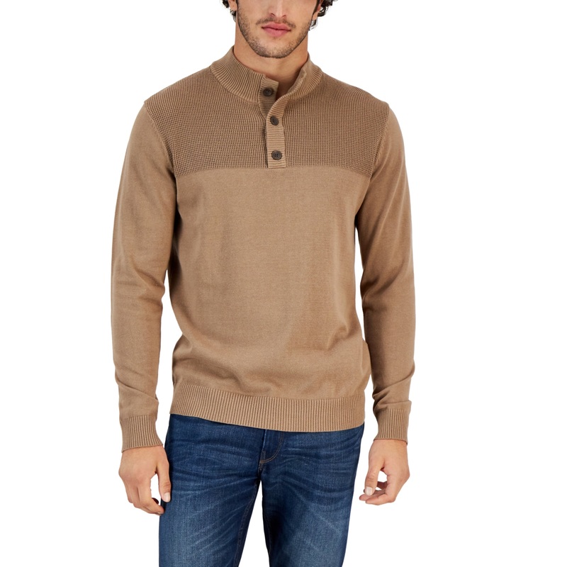 Club Room Mens Light Brown Mock Neck Henley Sweater 2XL XXL