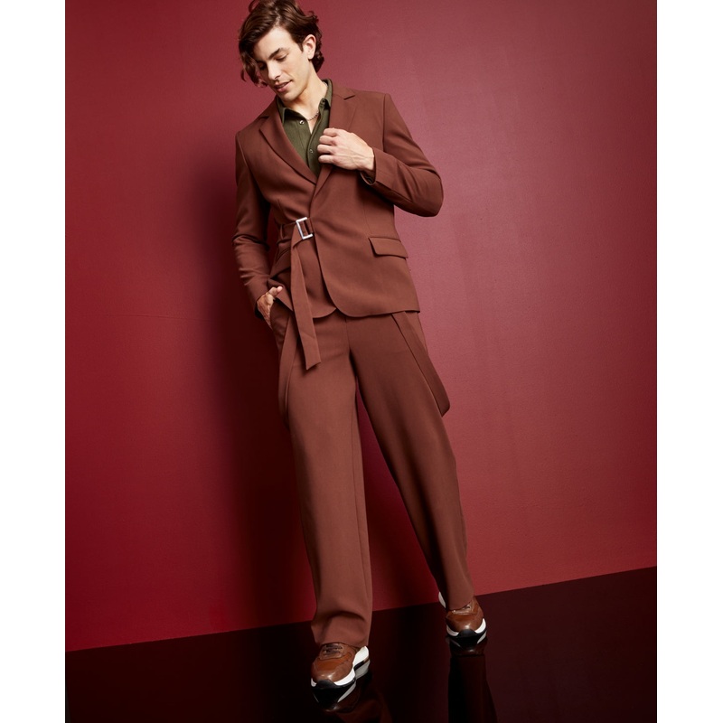 Maluma Royalty Mens Asymmetrical Belted Blazer Brown XL