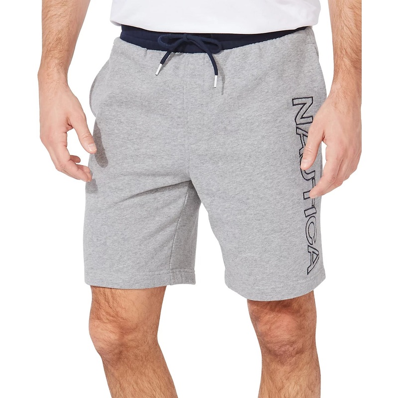 Nautica Men's Elastic Drawstring Fleece Knit Logo Shorts Small Grey Navy Blue