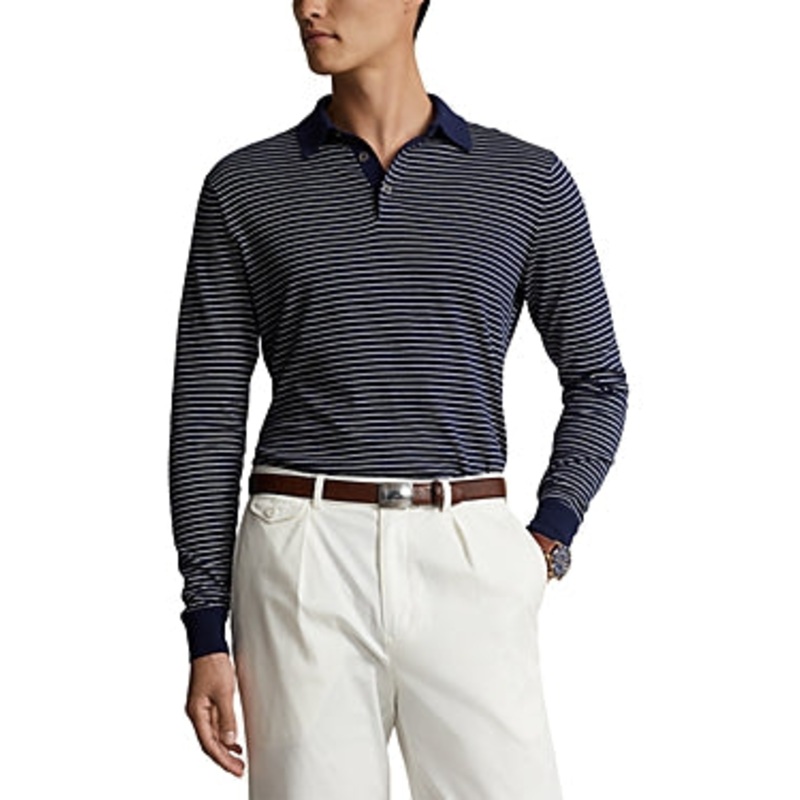 Polo Ralph Lauren Mens Striped Regular Fit Polo Collar Sweater Blue White Small