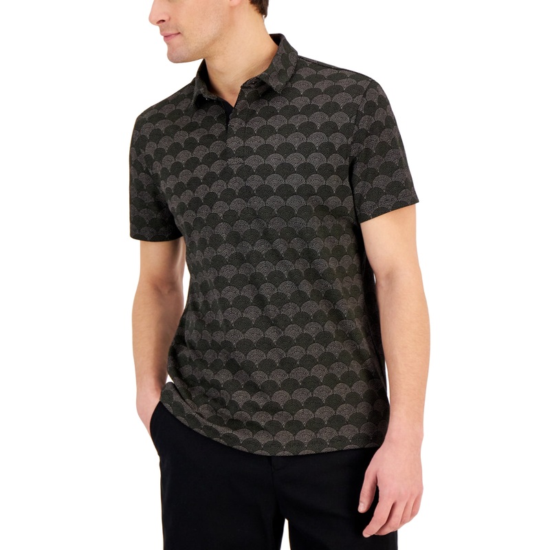 Alfani Men's Short Sleeve Dot Peacock Polo Shirt Black Grey Large