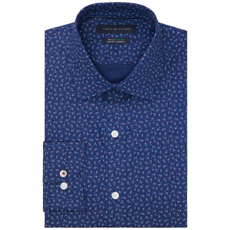 Tommy Hilfiger Men's Flex Slim Fit Dress Shirt Blue Red Multi 15.5 34 35