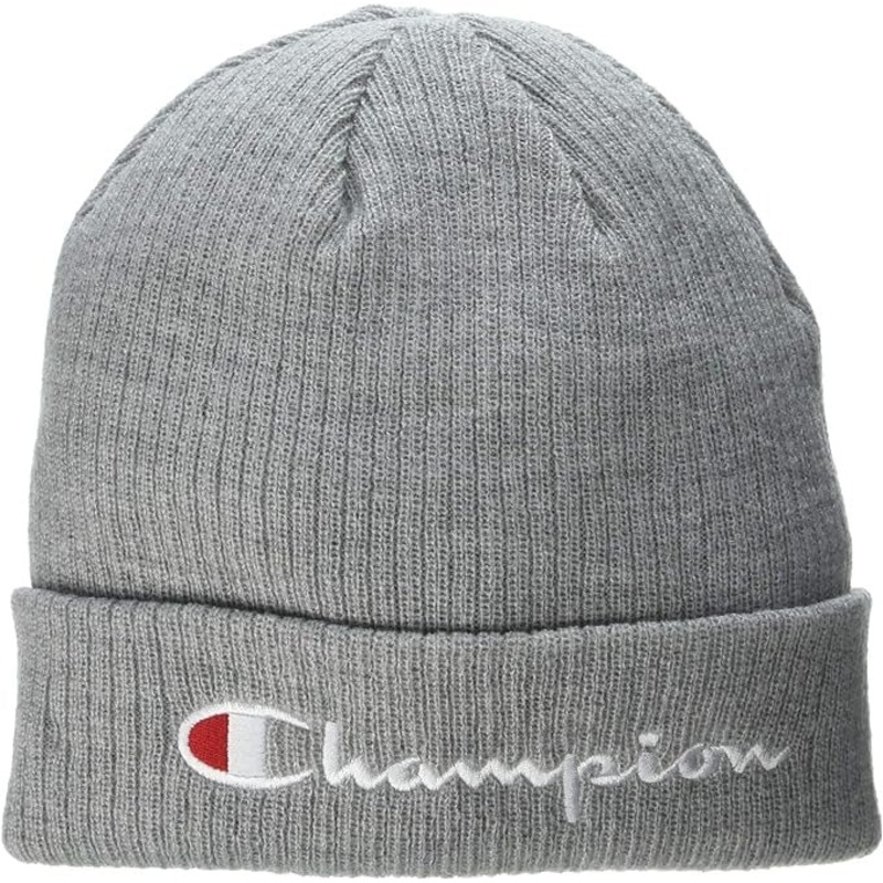Champion Mens Script Logo Beanie Hat Grey White