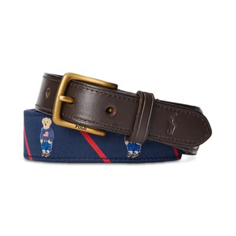 Polo Ralph Lauren Men's Polo Bear Leather Trim Belt  Navy Blue 32