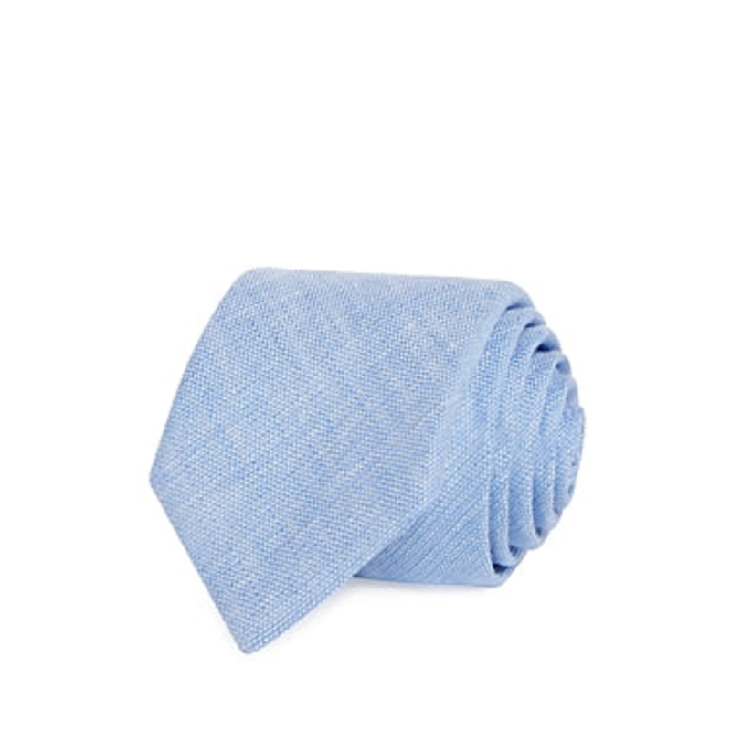 Zegna Mens Textured Solid Linen Skinny Tie Light Blue Necktie