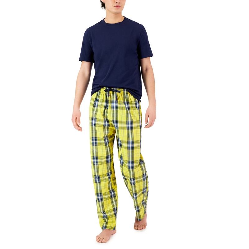 Club Room Men's Lando Solid T Shirt Plaid Pajama Pants  Set Yellow Combo