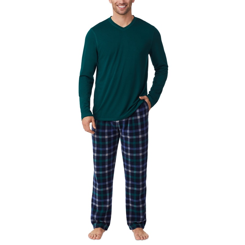 Cuddl Duds Men's 2 Piece Long Sleeve T Shirt Pajama Pants Blue Grey Plaid Medium