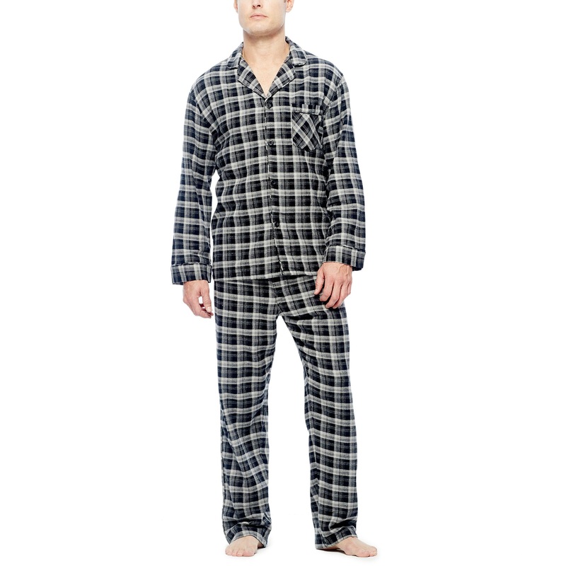Hanes Mens Long Sleeve Button Down Pajama Pants Set Black Multi Plaid Medium