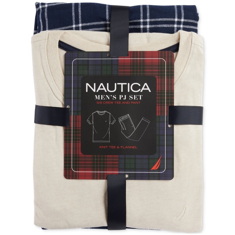 Nautica Men's 2 Piece Classic Fit T Shirt Plaid Flannel Pajama Pants Set Beige