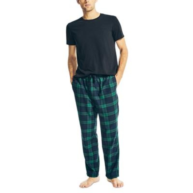 Nautica Mens 2 Piece T Shirt Flannel Pajama Pants Black Green XXL