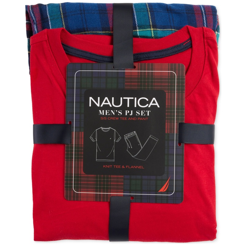 Nautica Mens 2 Piece T Shirt Flannel Pajama Pants Plaid Red Blue Medium