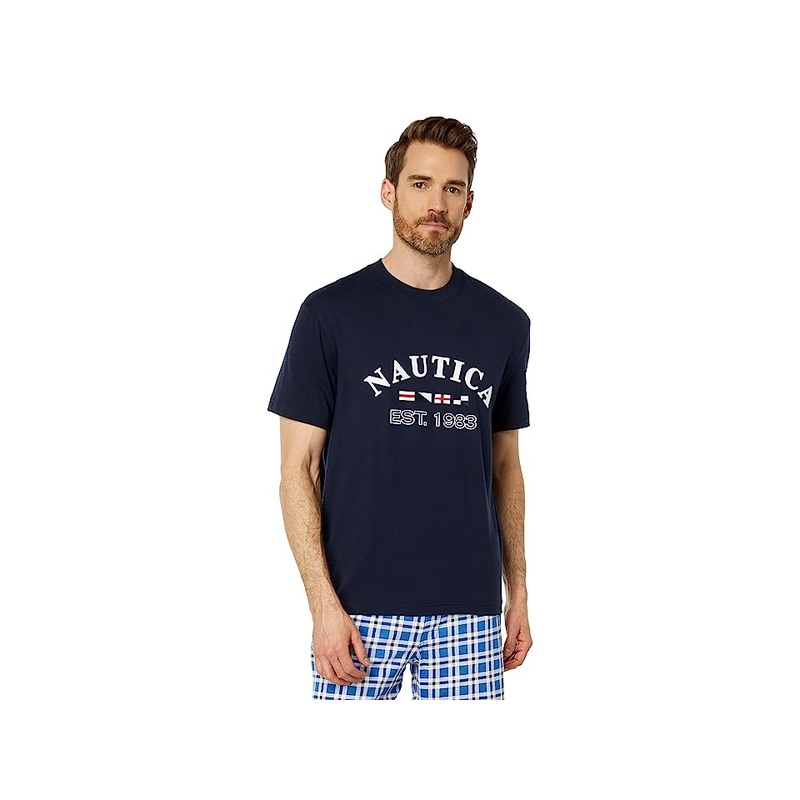 Nautica Mens Logo Graphic Sleep Pajama T Shirt Navy Blue White Small