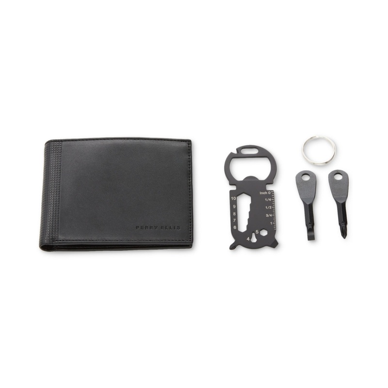 Perry Ellis Portfolio Men's Black Bifold Wallet with Three Keychain Tools Black